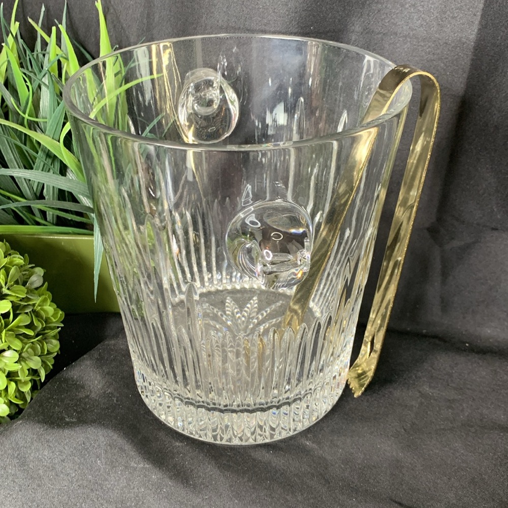 Marquis by Waterford Barcelona crystal ice bucket w/ vintage gold tone ice tongs - Picture 4 of 9
